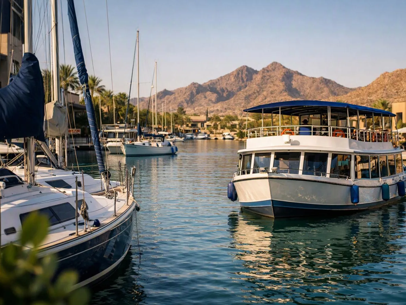 Boats and sailboats sit in a calm marina with mountains and palm trees in the background