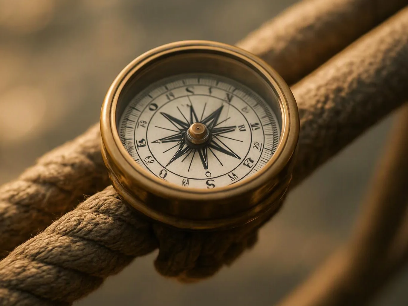 A brass compass rests on a thick rope, shown in close-up with a blurred warm background