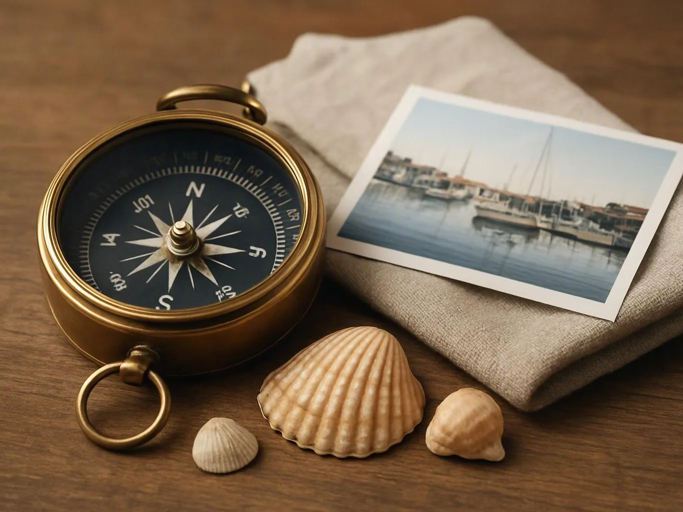 A brass compass, seashells, folded cloth, and a small harbor photo rest on a wooden table