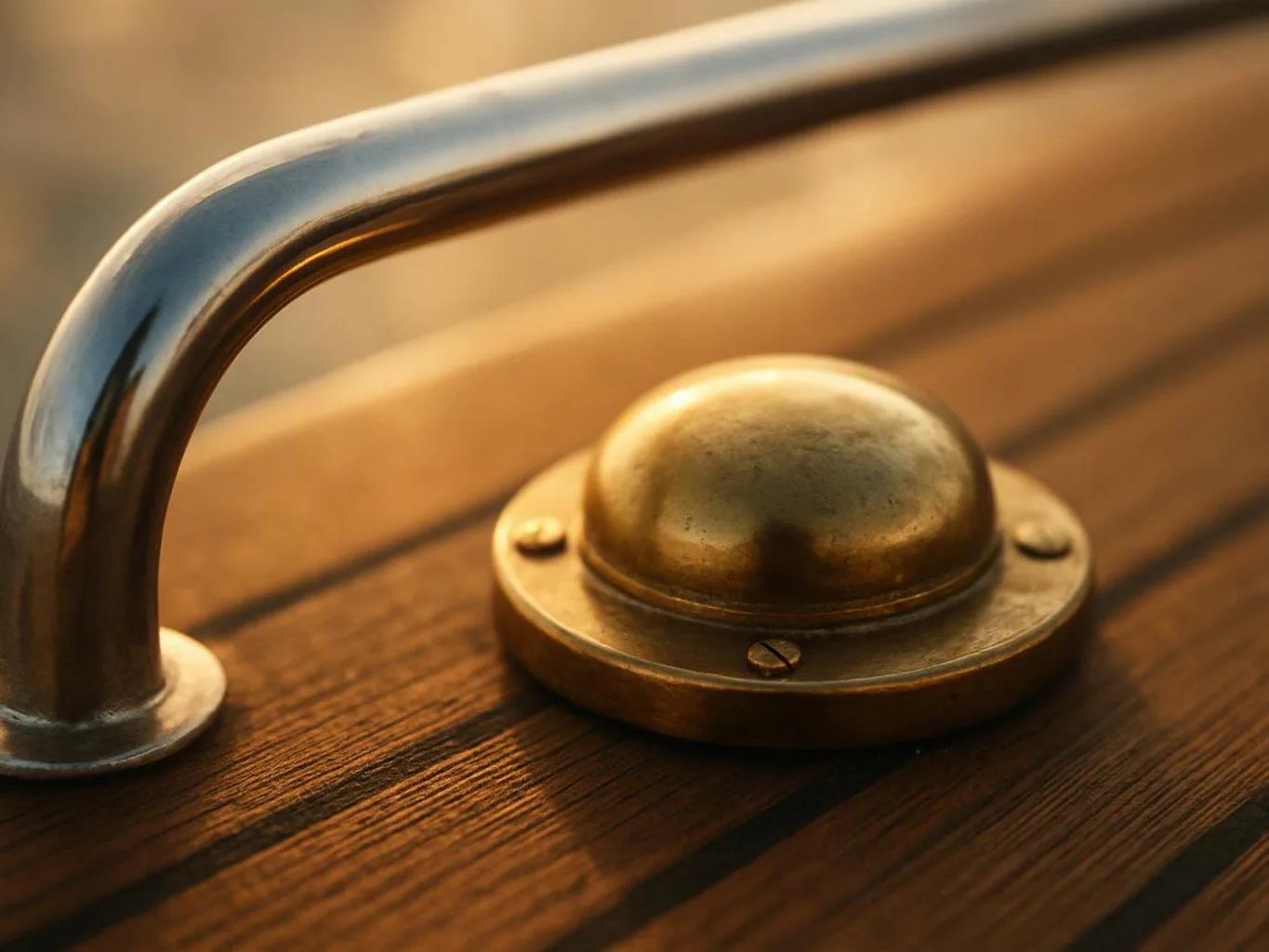 A brass doorbell button sits beside a curved metal handle on a wooden surface