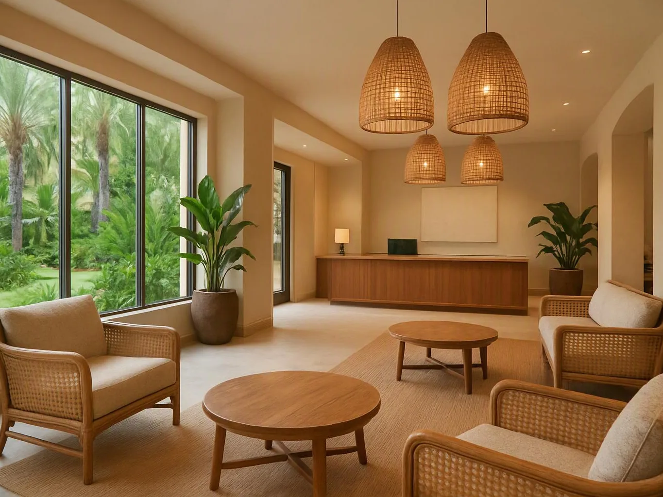 A bright lounge with woven chairs, round tables, hanging lamps, and large windows facing lush palms