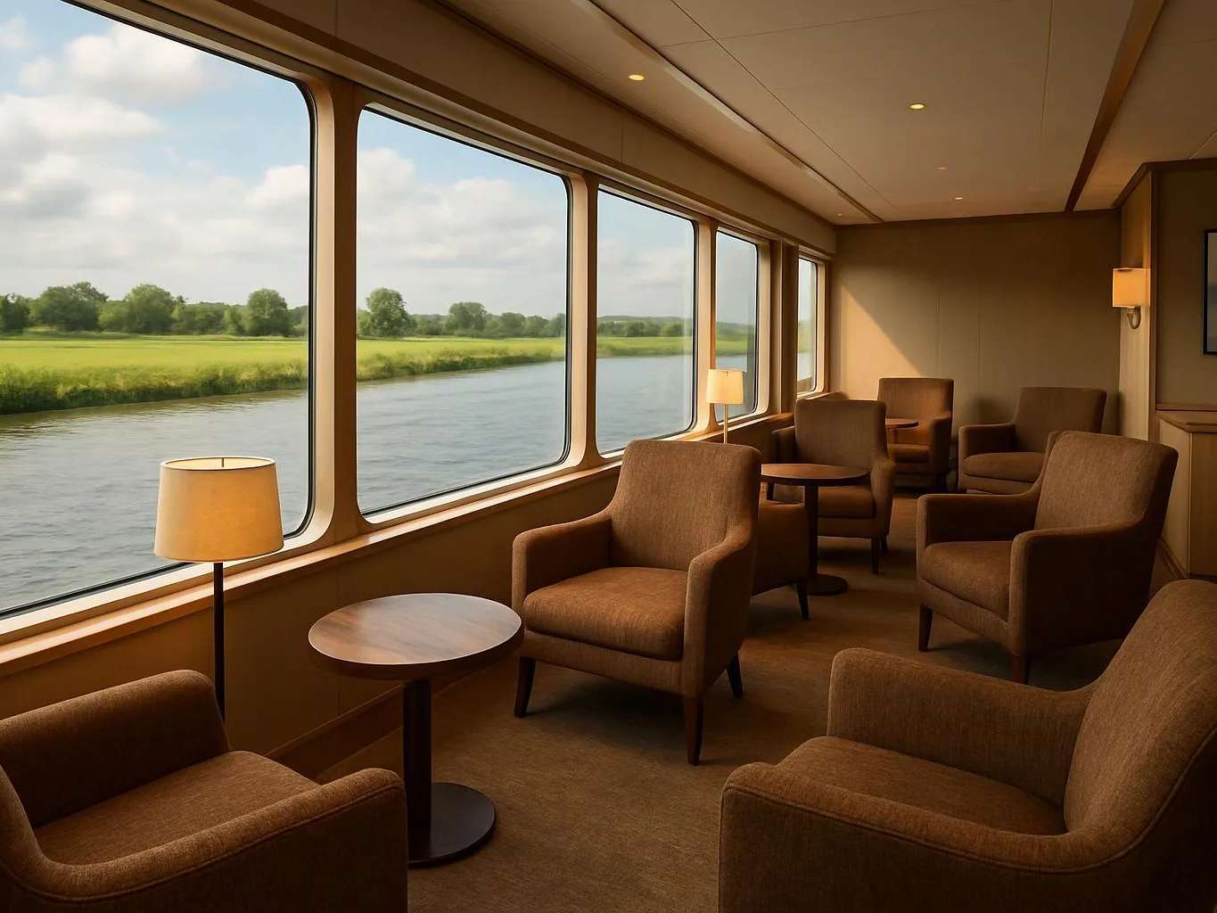 Brown armchairs and small tables line a cozy lounge beside wide windows overlooking a river and green fields
