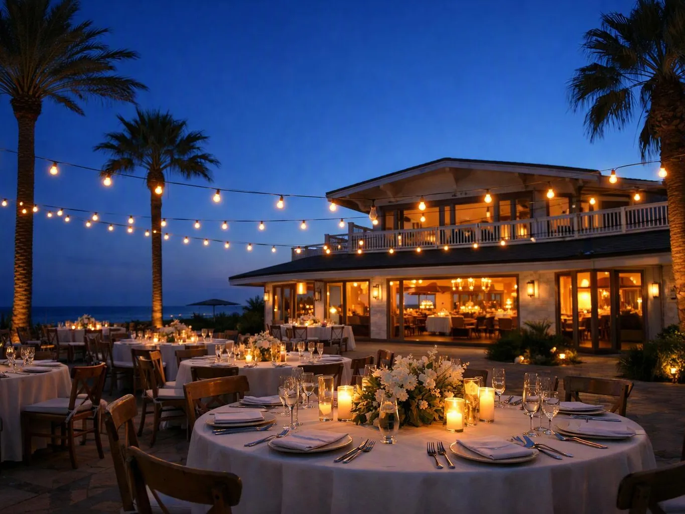 Candlelit outdoor dining tables sit beside a glowing seaside building under string lights and palm trees