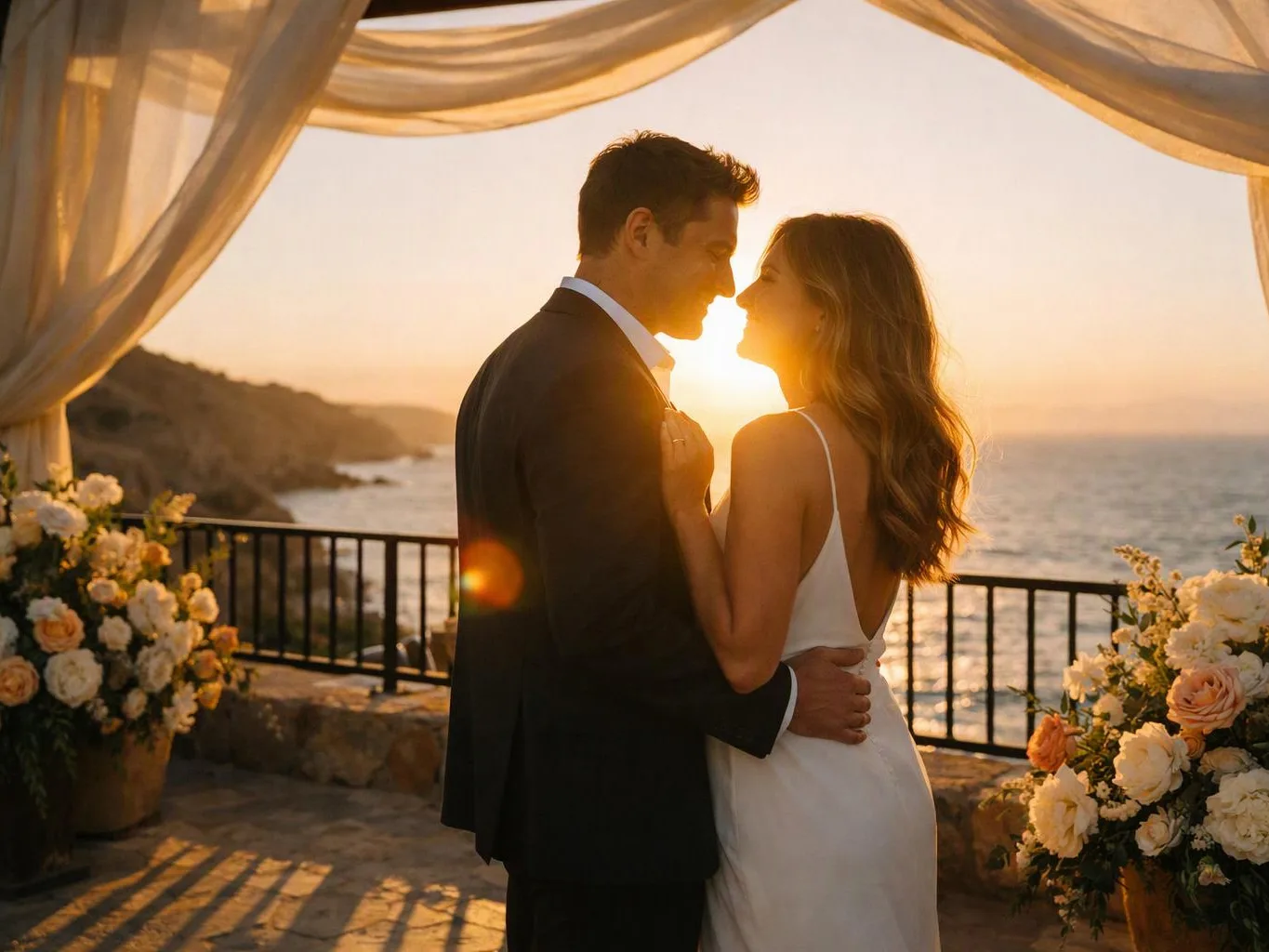 A couple in formal wear embraces on a decorated terrace at sunset overlooking the sea