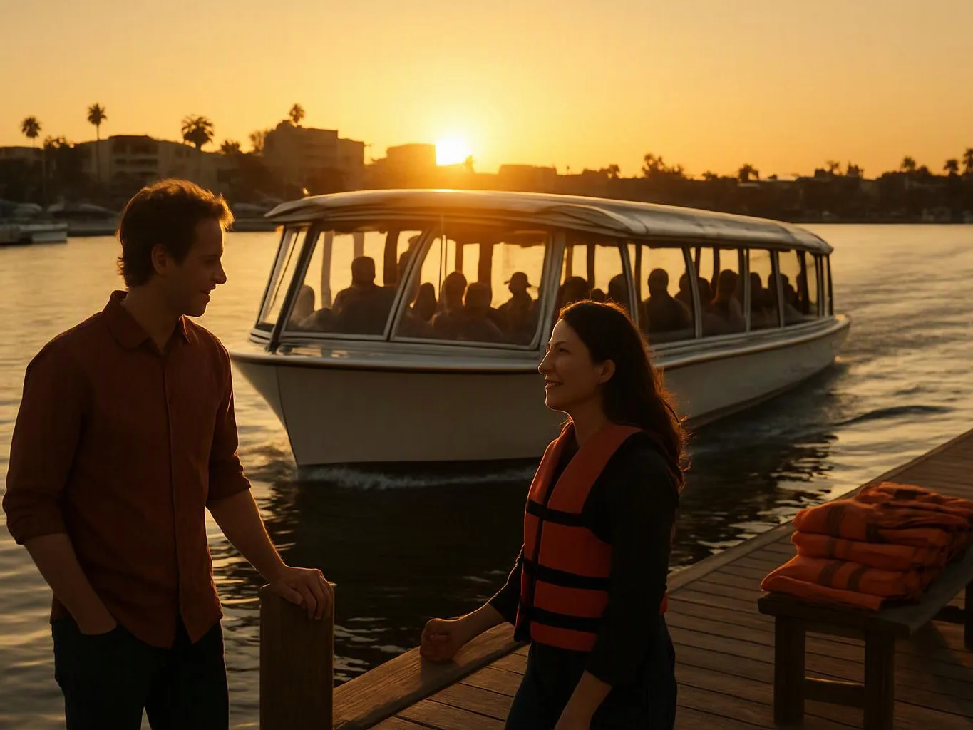 A couple stands on a dock as a glass-roofed boat passes by at sunset