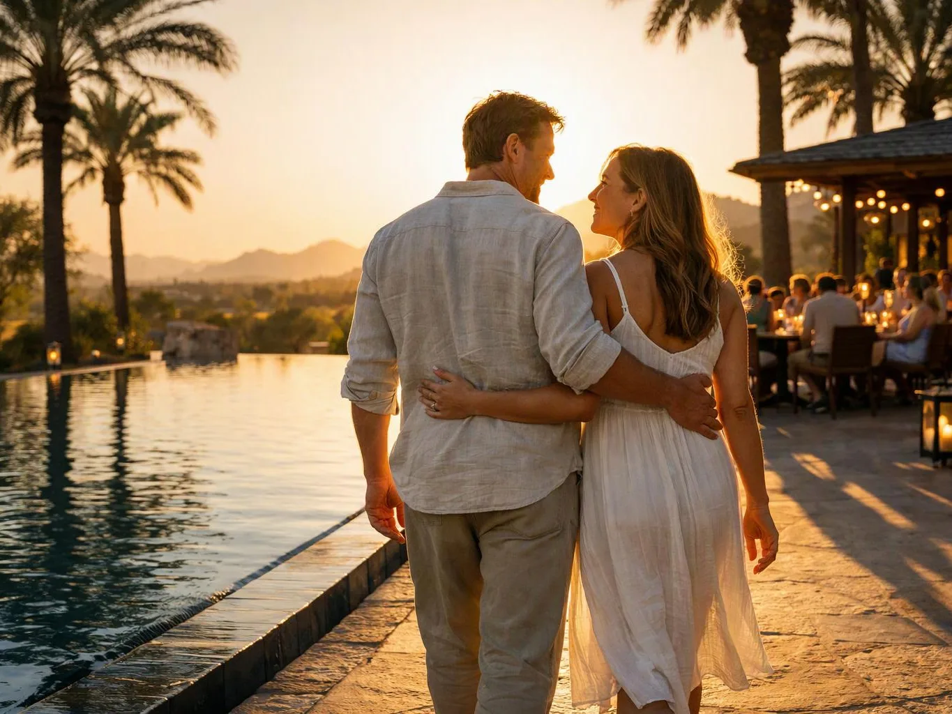 A couple walks arm in arm beside an infinity pool at sunset, with palm trees and diners in the background