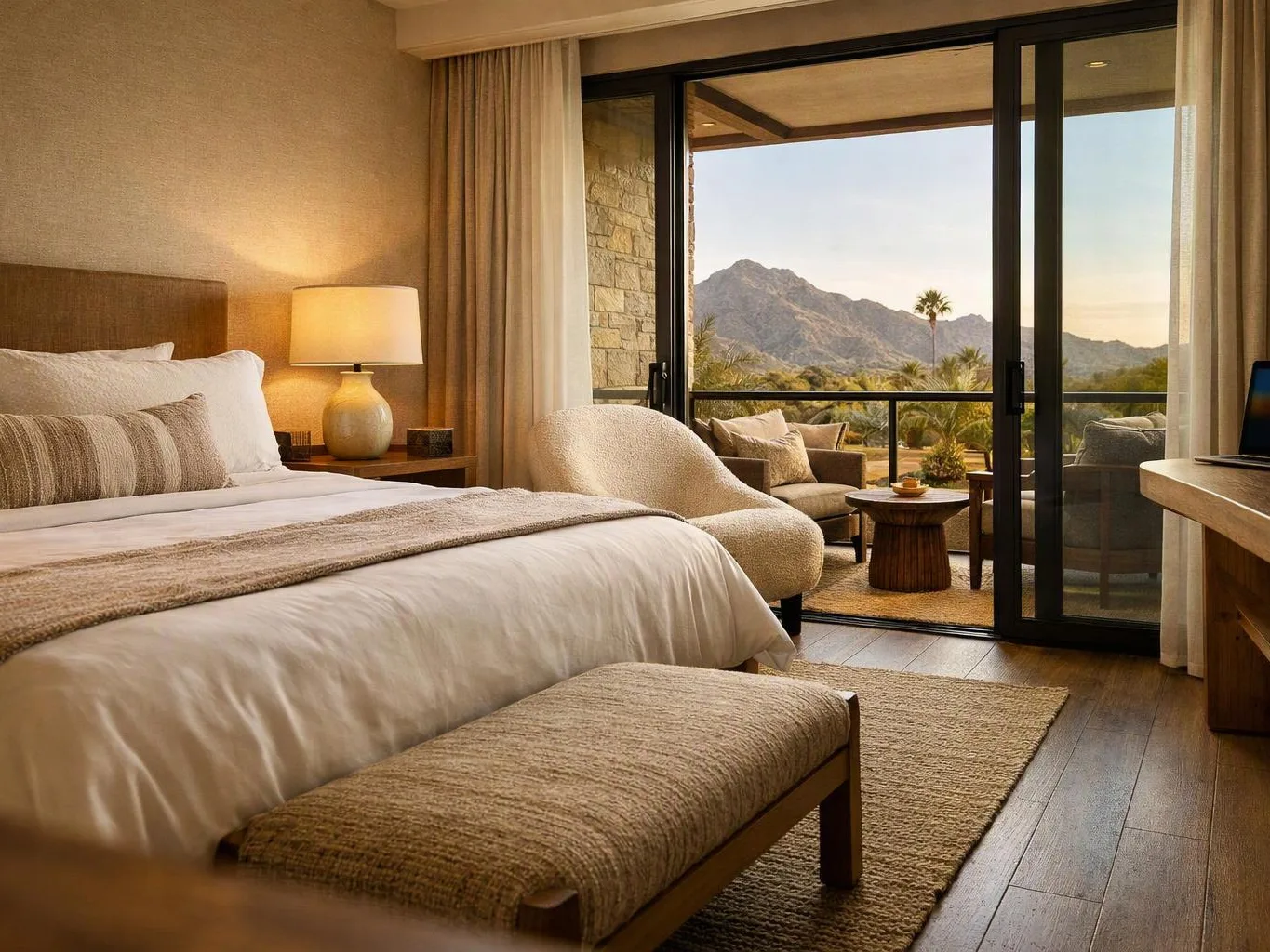 A cozy bedroom with a bed, lamp, chair, and balcony view of mountains at sunset