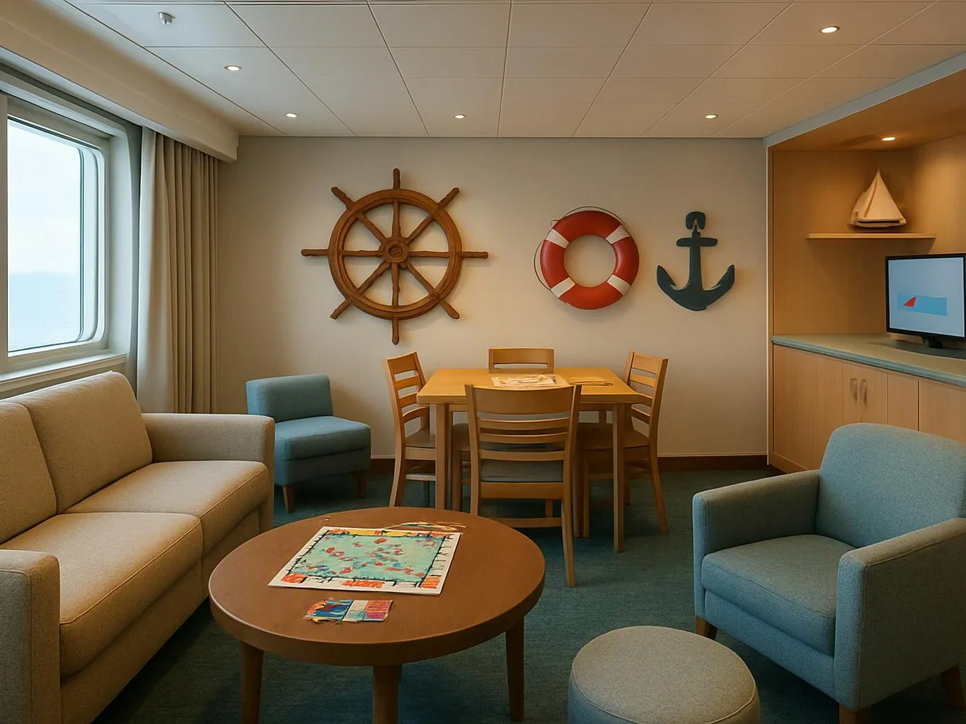 A cozy lounge shows nautical wall decor, a sofa, chairs, and a small table beside a window