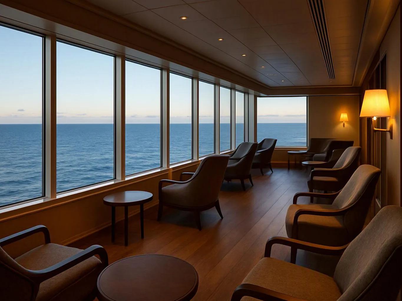 Empty lounge chairs line a quiet room with ocean views through large windows