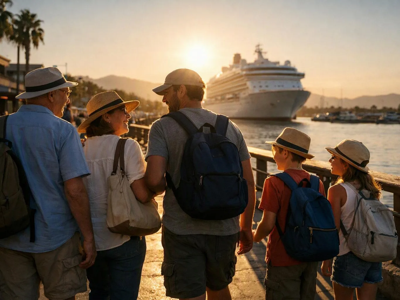 A family wearing hats and backpacks walks by the waterfront at sunset with a cruise ship ahead