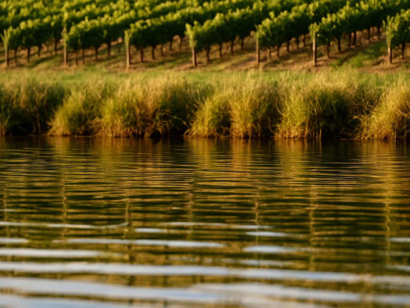 Golden water ripples in front of tall grasses and neat rows of trees on a hillside