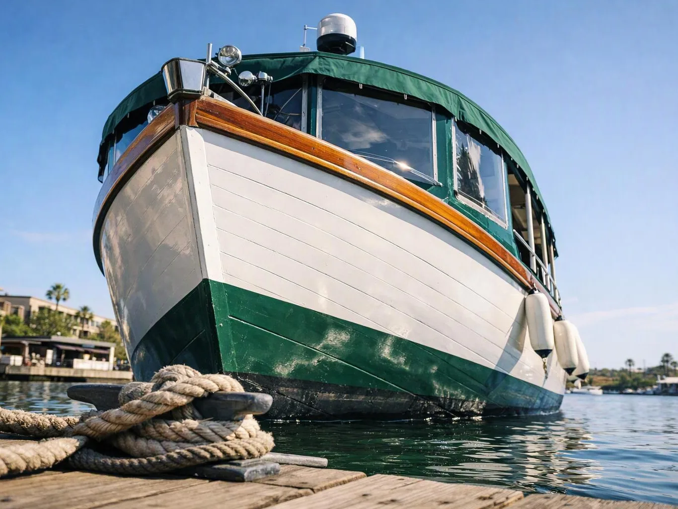 A green-and-white boat is tied to a dock with coiled rope in the foreground under a clear sky