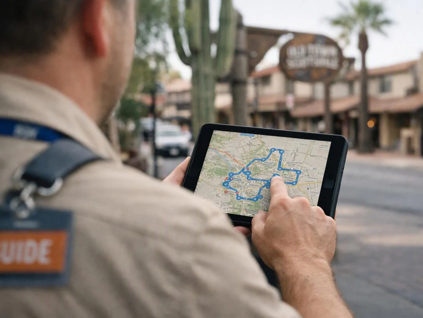 A guide in a beige shirt checks a tablet map with a blue route on a street corner