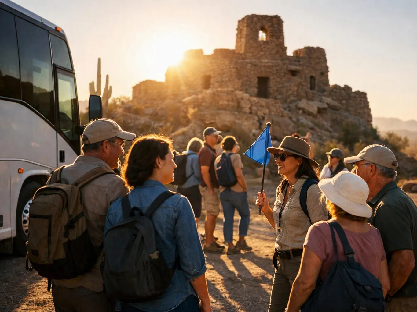 A guide holds a blue flag while hikers gather beside a bus near sunlit stone ruins in the desert