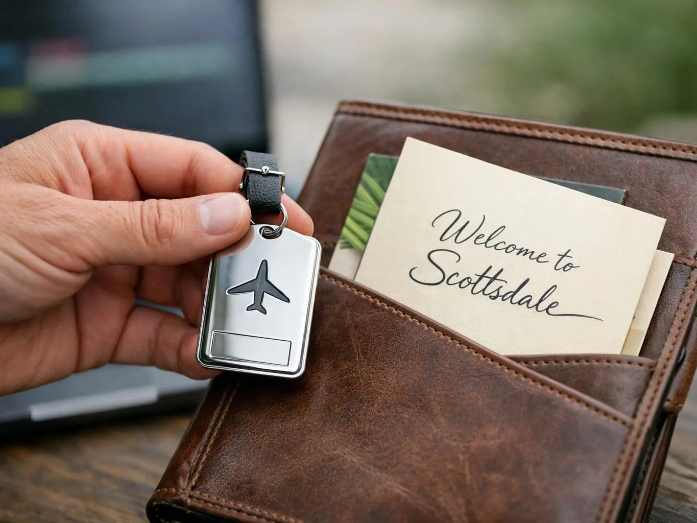 A hand holds an airplane key tag beside a leather wallet with a card reading “Welcome to Scottsdale”