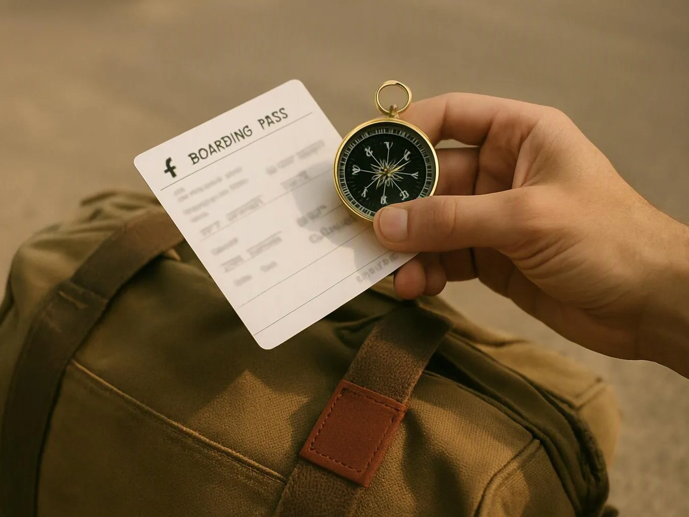 A hand holds a boarding pass and a brass compass above a tan backpack on a floor