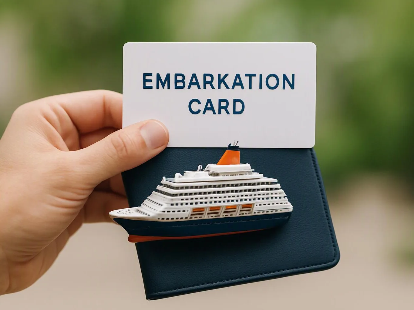 A hand holds an embarkation card above a dark passport holder with a small cruise ship model attached