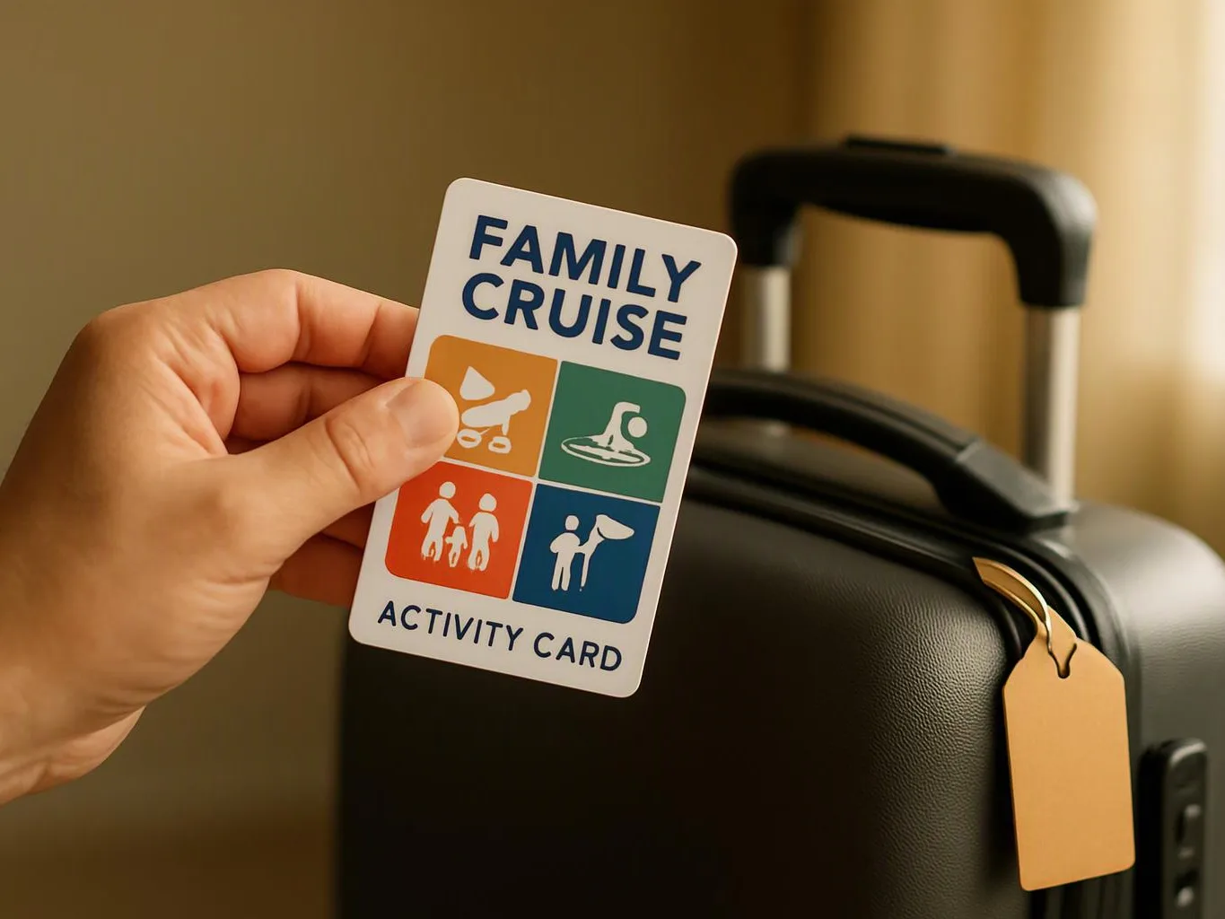 A hand holds a “FAMILY CRUISE” activity card beside a black rolling suitcase in warm indoor light