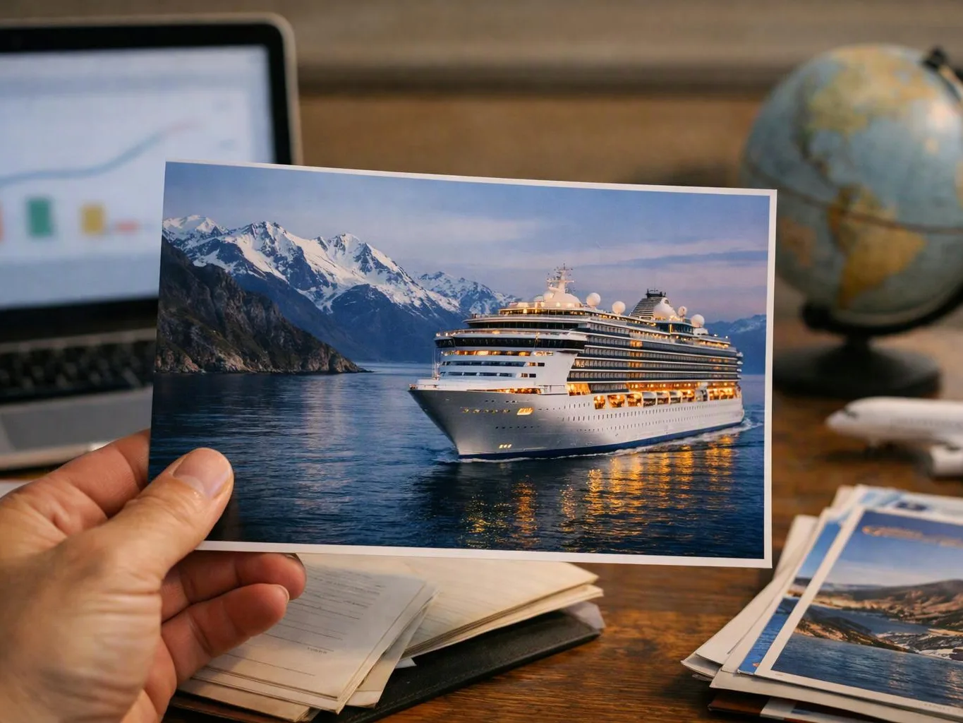 A hand holds a postcard showing a cruise ship on calm water with snowy mountains behind it