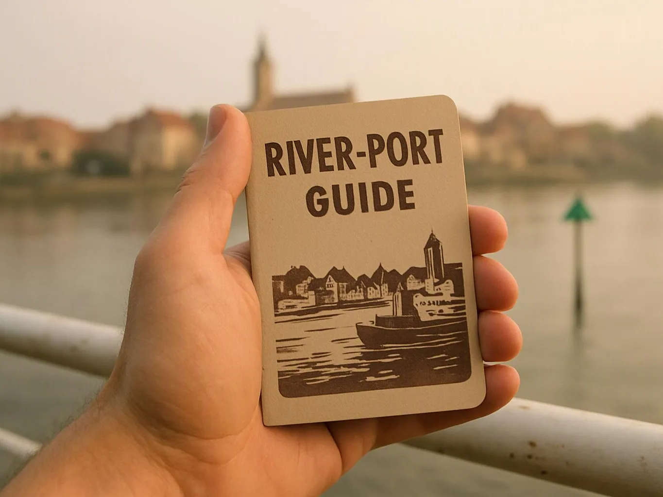 A hand holds a small guidebook labeled “RIVER-PORT GUIDE” beside a calm riverside view