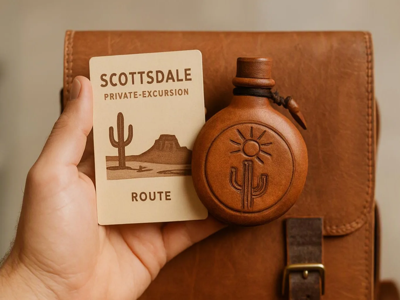 A hand holds a travel card and leather flask in front of a brown leather bag