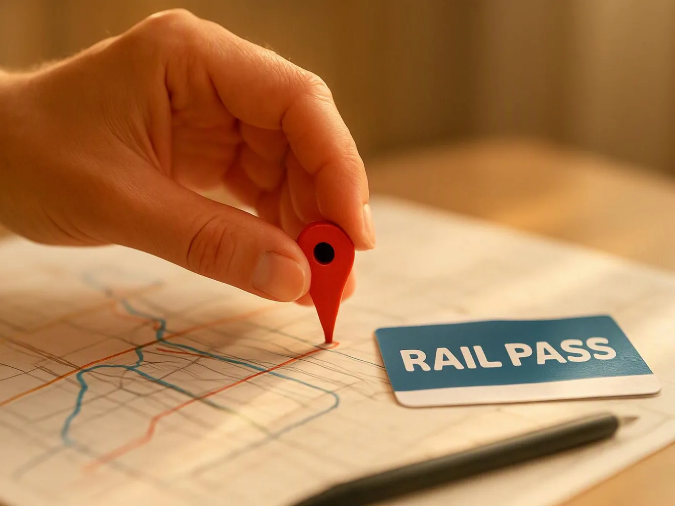 A hand places a red map pin on a transit map beside a card labeled “RAIL PASS”