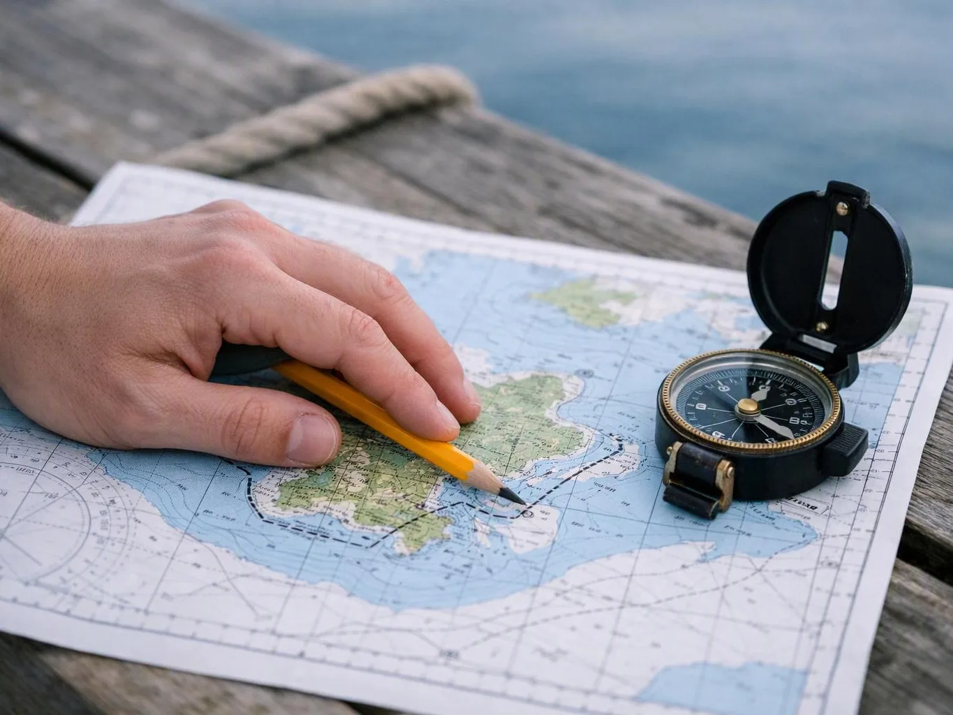 A hand points a pencil at a nautical map beside a open compass on a weathered wooden dock