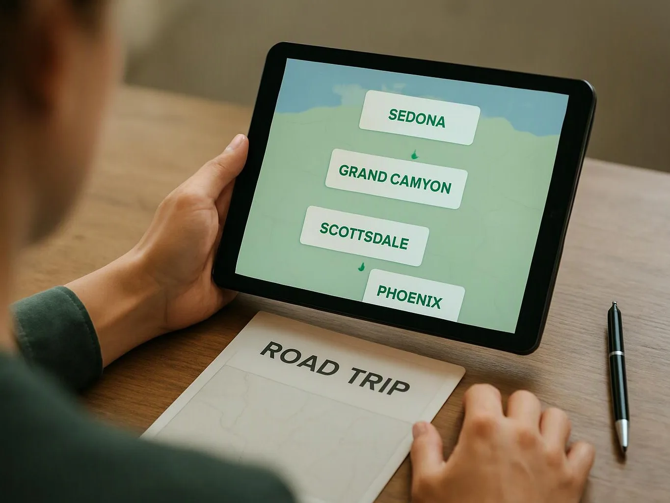 Hands hold a tablet with place names while a road trip sheet and pen rest on a wooden table