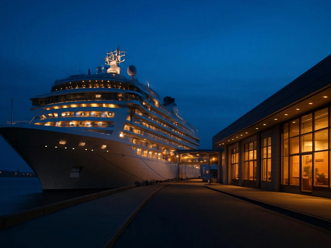 A large cruise ship glows at dusk beside a lit dockside building and empty pier