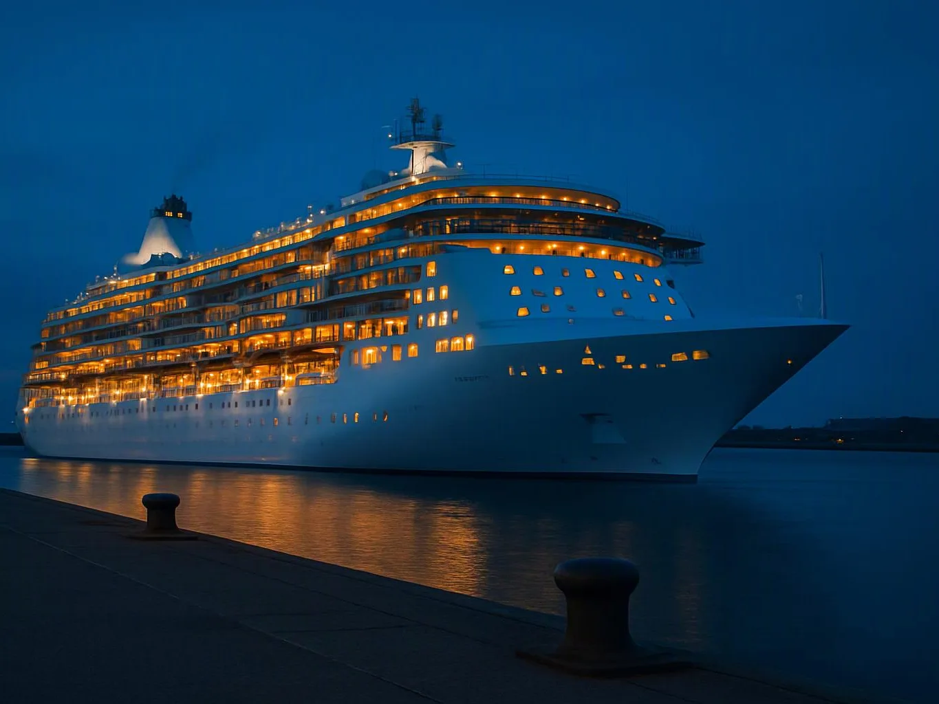 A large cruise ship glows at dusk, docked beside calm water with reflections and a dark pier in front