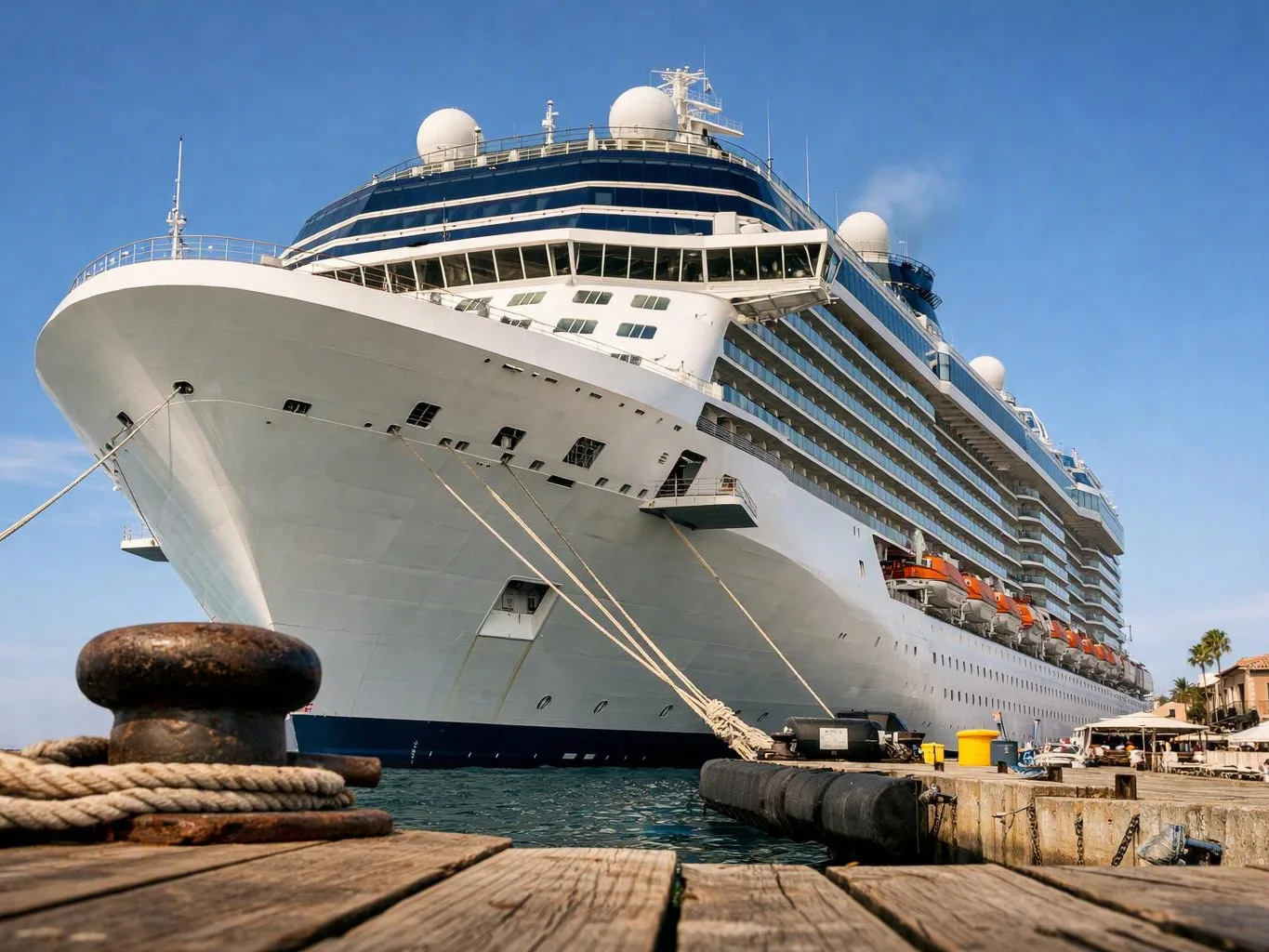 A huge white cruise ship is moored beside a dock under a clear blue sky
