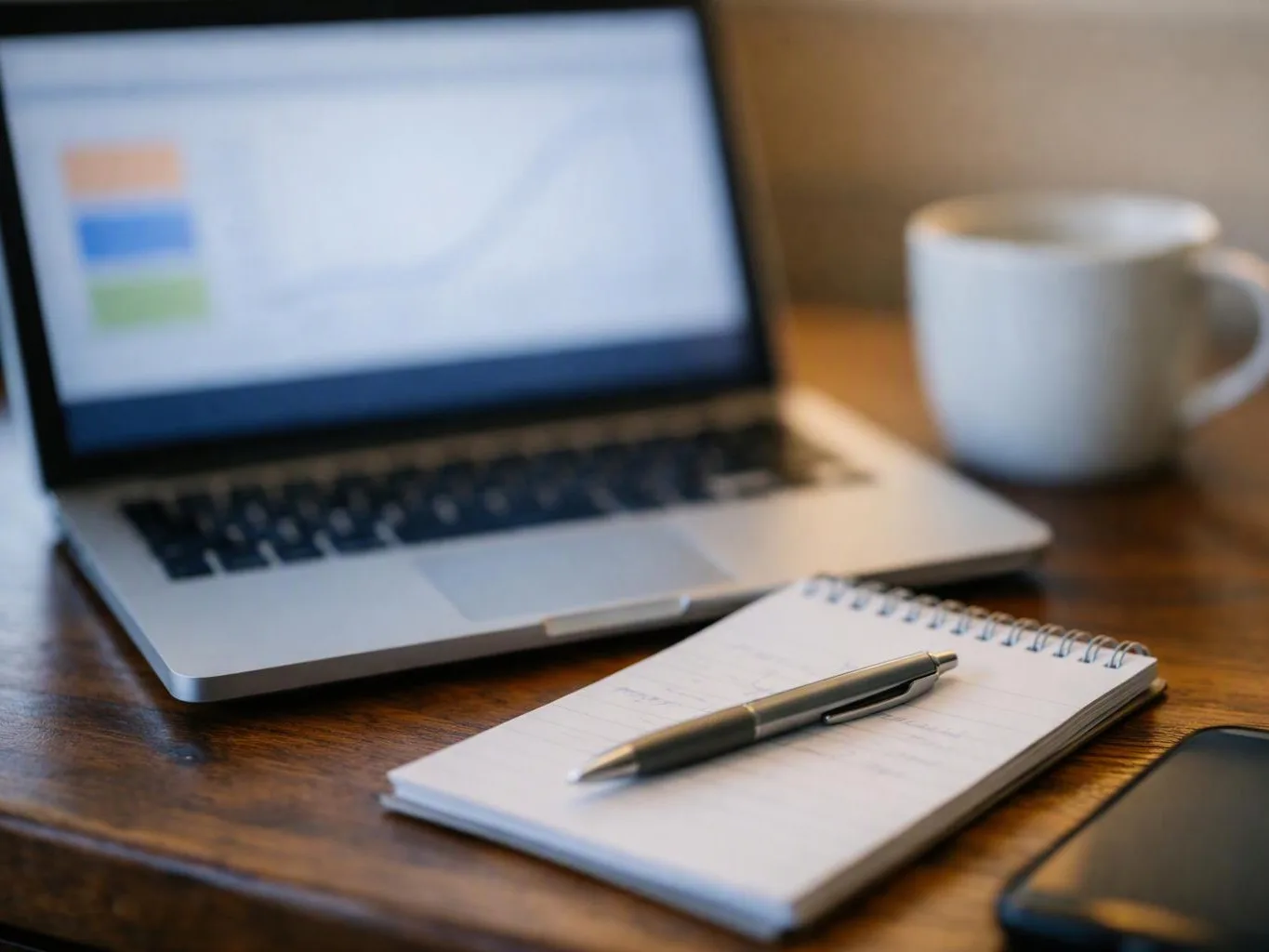 A laptop, notebook with pen, and coffee mug sit on a wooden desk with a phone nearby
