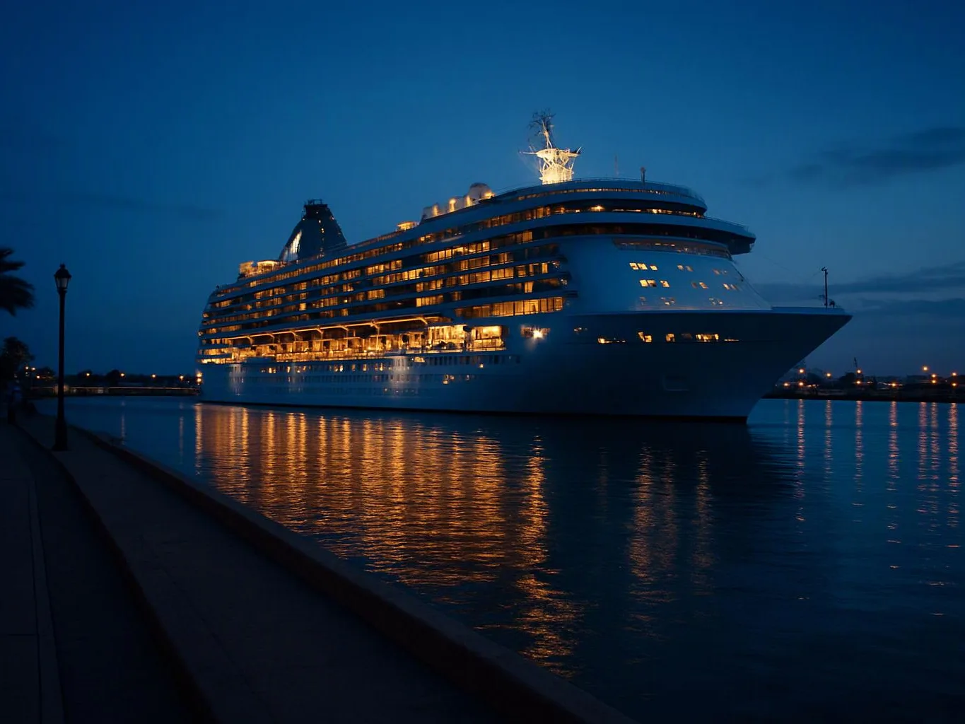 A large cruise ship glows at dusk, reflected in calm water beside a dark waterfront walkway