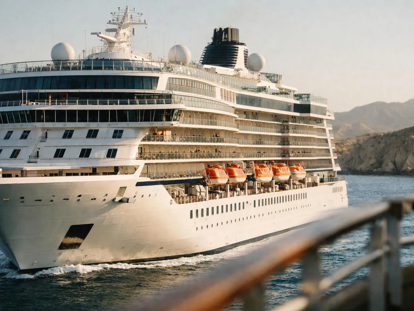 A large white cruise ship moves through calm water beside rocky hills, with lifeboats visible along the side