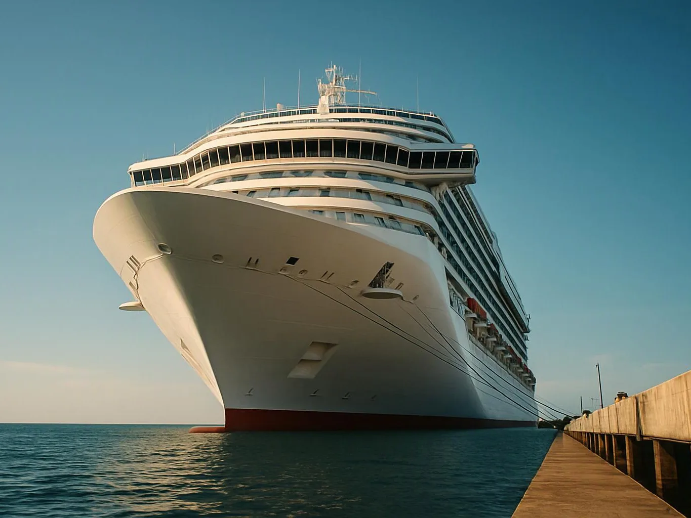 A large white cruise ship sits beside a pier on calm blue water under a clear sky