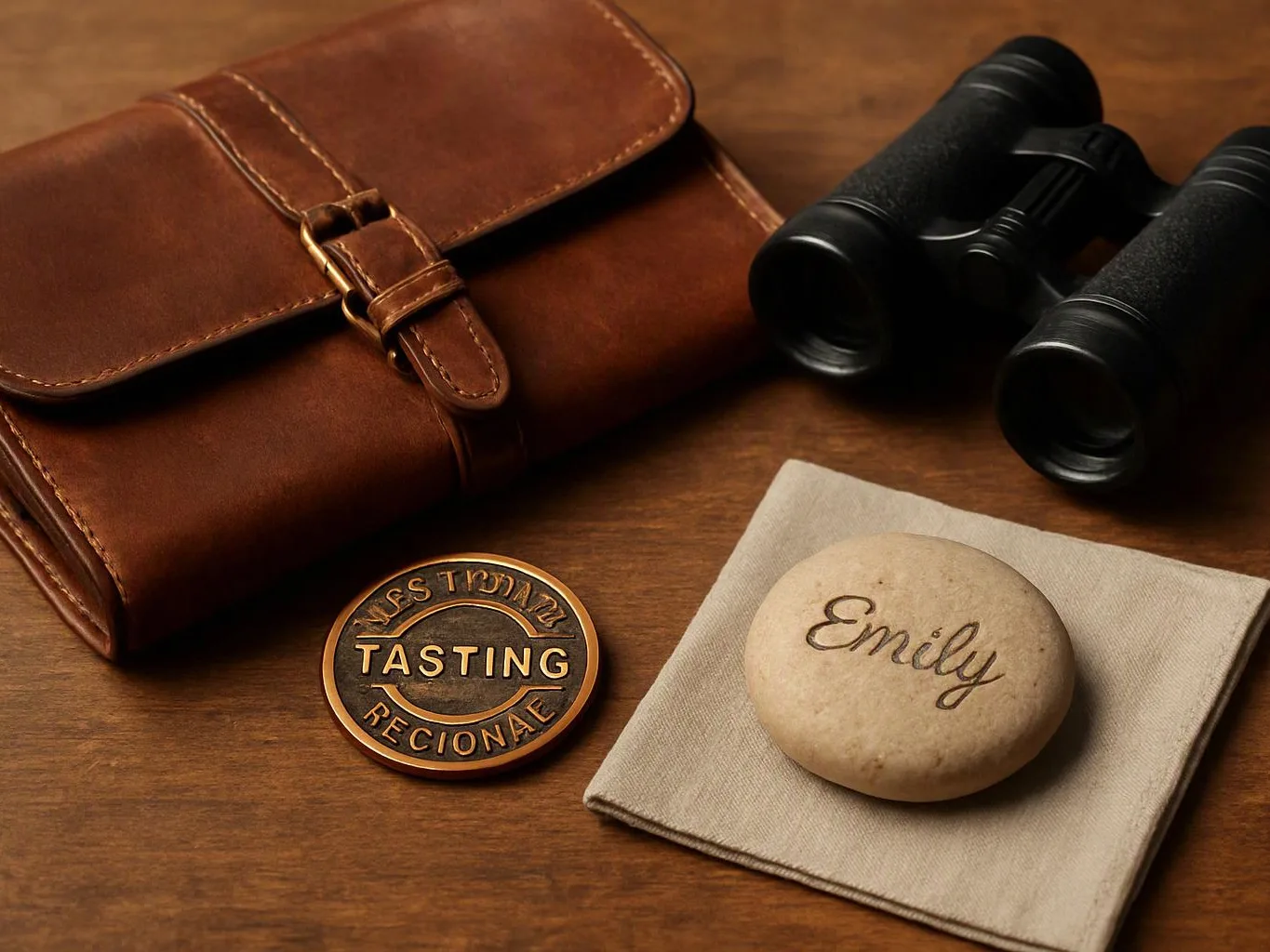 Leather case, binoculars, a tasting coin, and a stone marked Emily rest on a wooden table