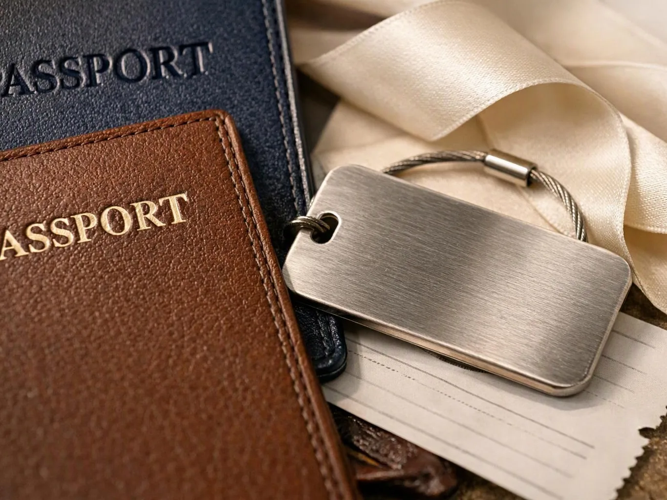 Leather passport covers, a metal luggage tag, and a cream ribbon rest on a lined travel card