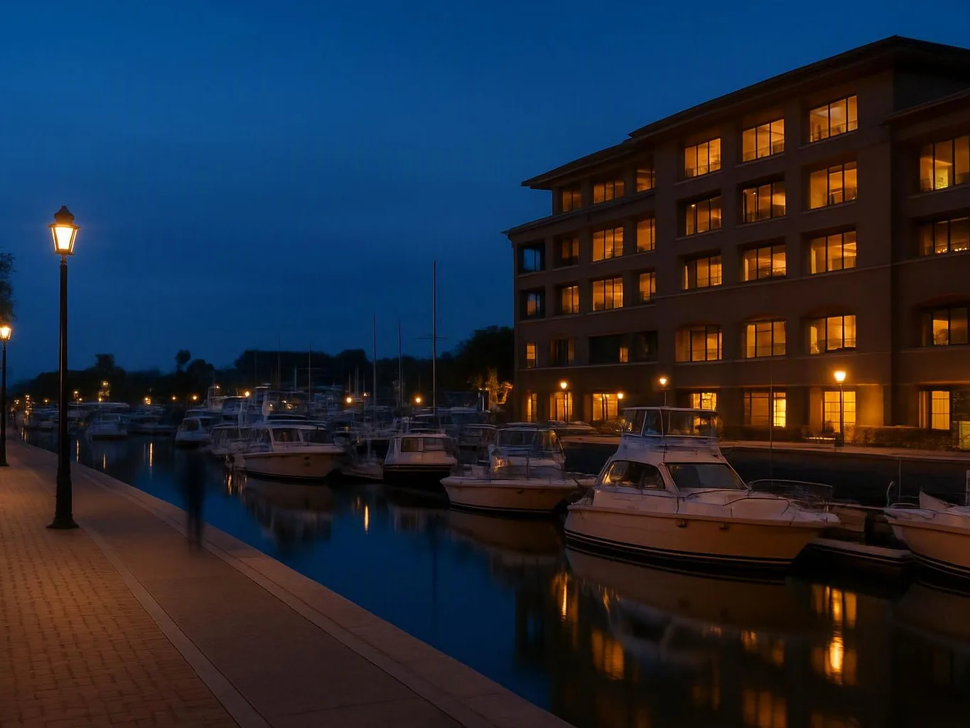 Lit boats rest in a calm marina beside a glowing building and quiet waterfront walkway