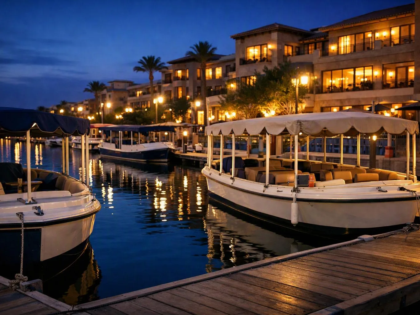 Lit boats rest in a calm marina beside glowing waterfront buildings at dusk