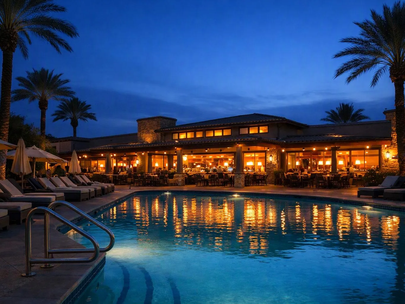 A lit resort pool reflects a warm restaurant terrace, with lounge chairs and palm trees at dusk