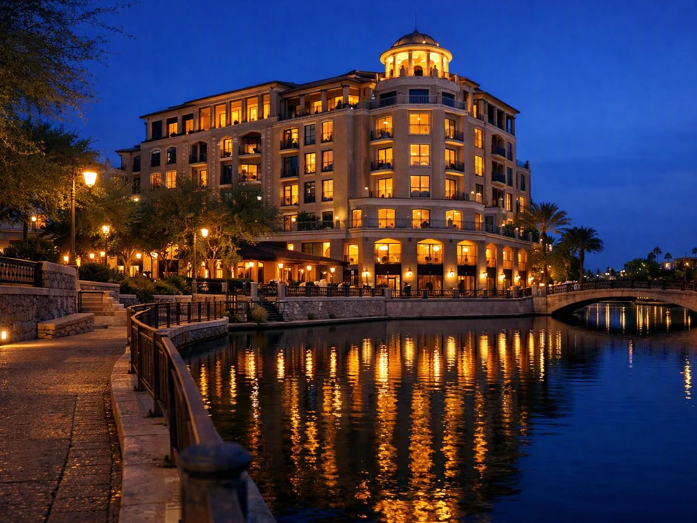 A lit waterfront building reflects in the calm canal beside a curving walkway and small bridge