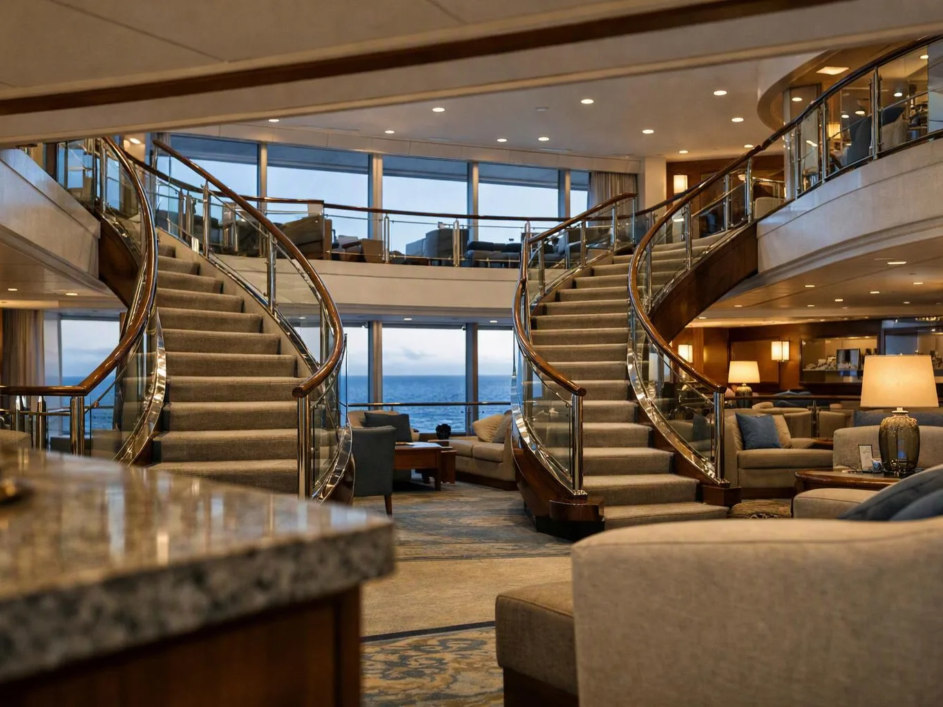 A luxury lounge shows twin curved staircases, plush seating, warm lamps, and ocean views through large windows