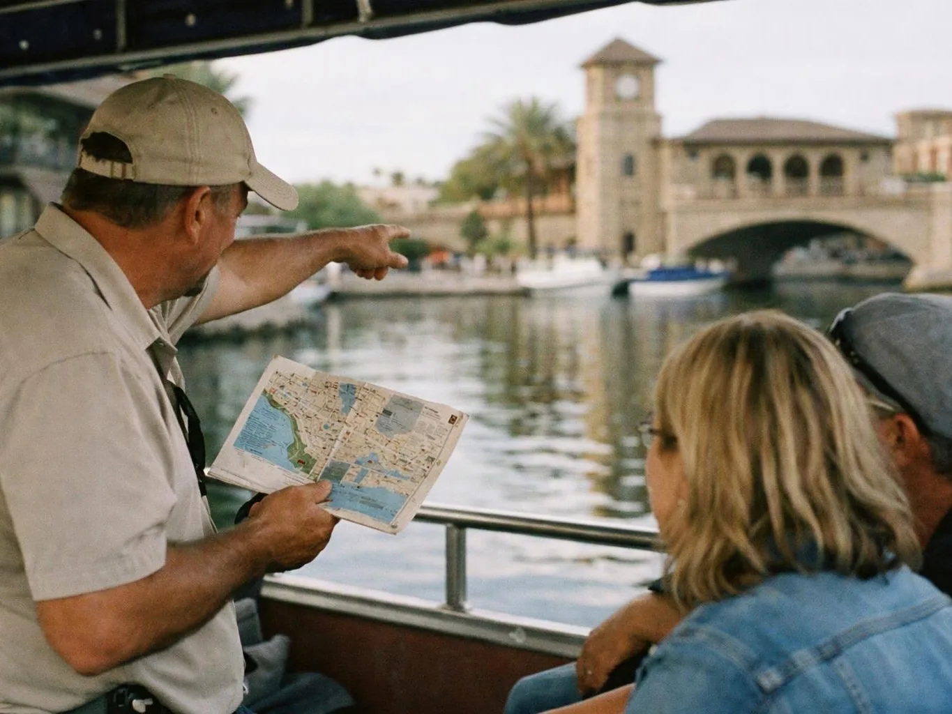 A man on a boat points across the water while holding a map, with two passengers watching a bridge ahead