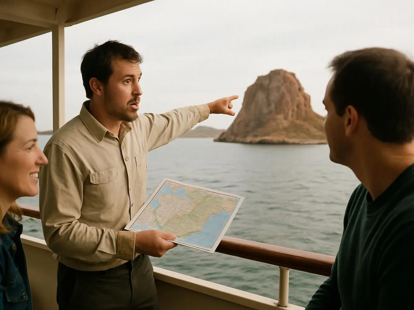A man on a boat points at a rocky island while holding a map and talking to two companions