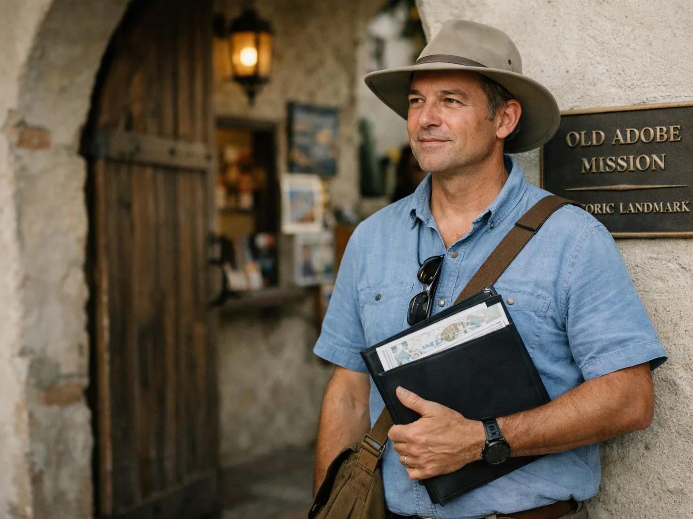 A man in a hat holds a folder beside a mission entrance and a historic landmark plaque