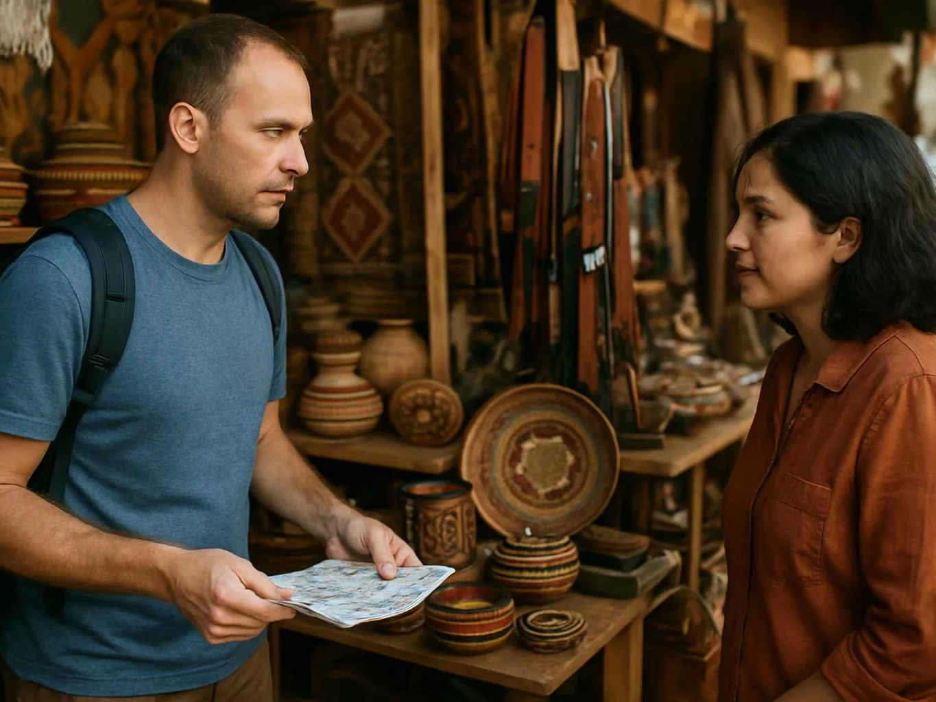 A man holds a map while talking with a woman beside shelves of handmade pottery and woven crafts