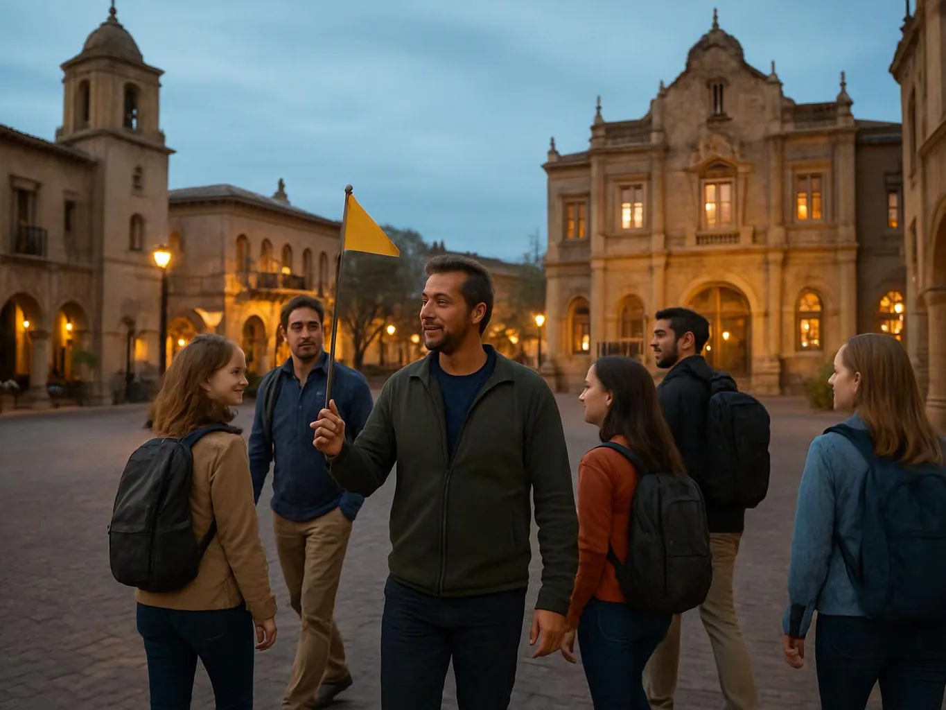 A man holds a yellow flag while a small group with backpacks stands in a lit historic courtyard at dusk