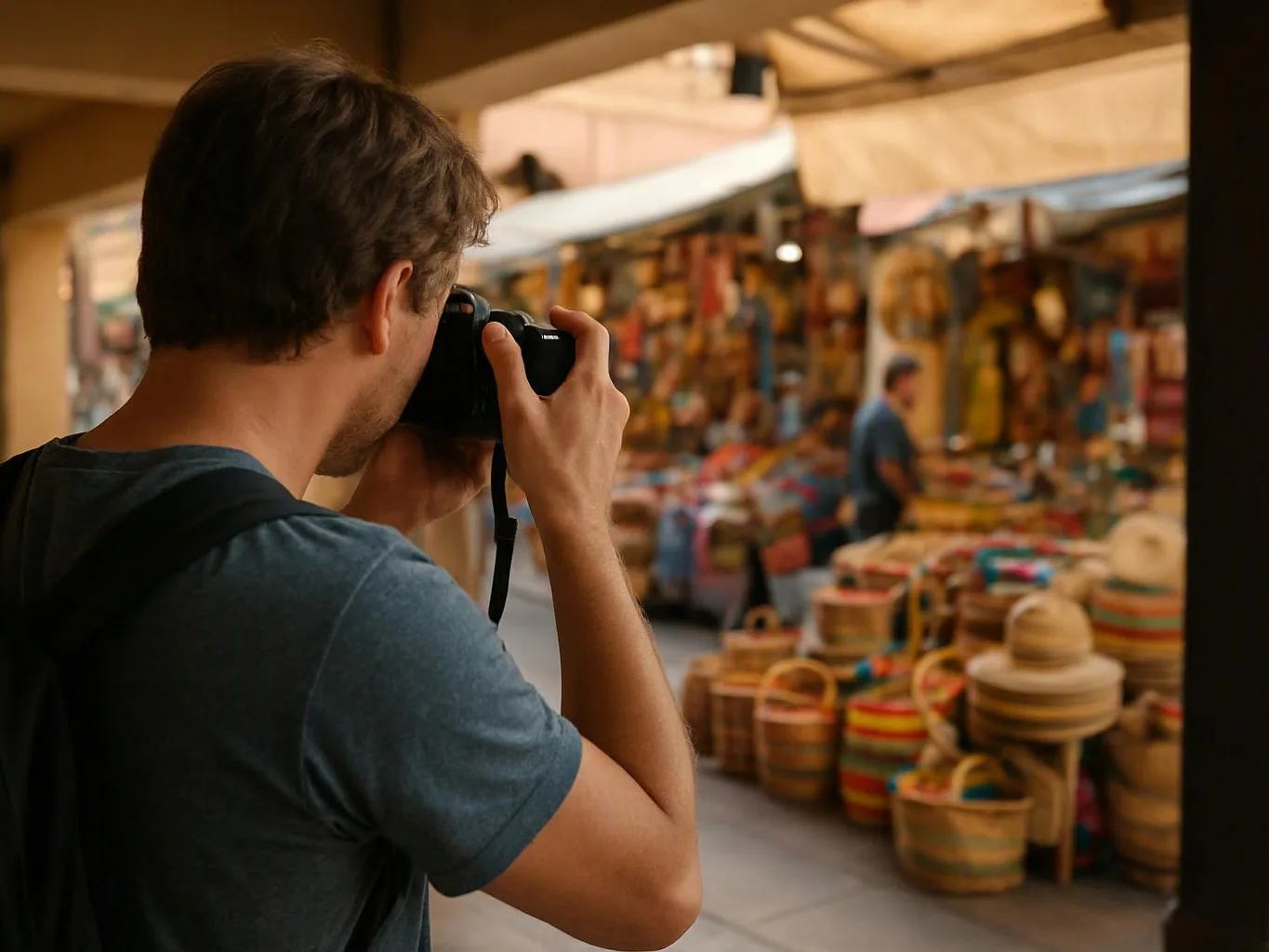 A man photographs a busy market stall filled with woven baskets and hats