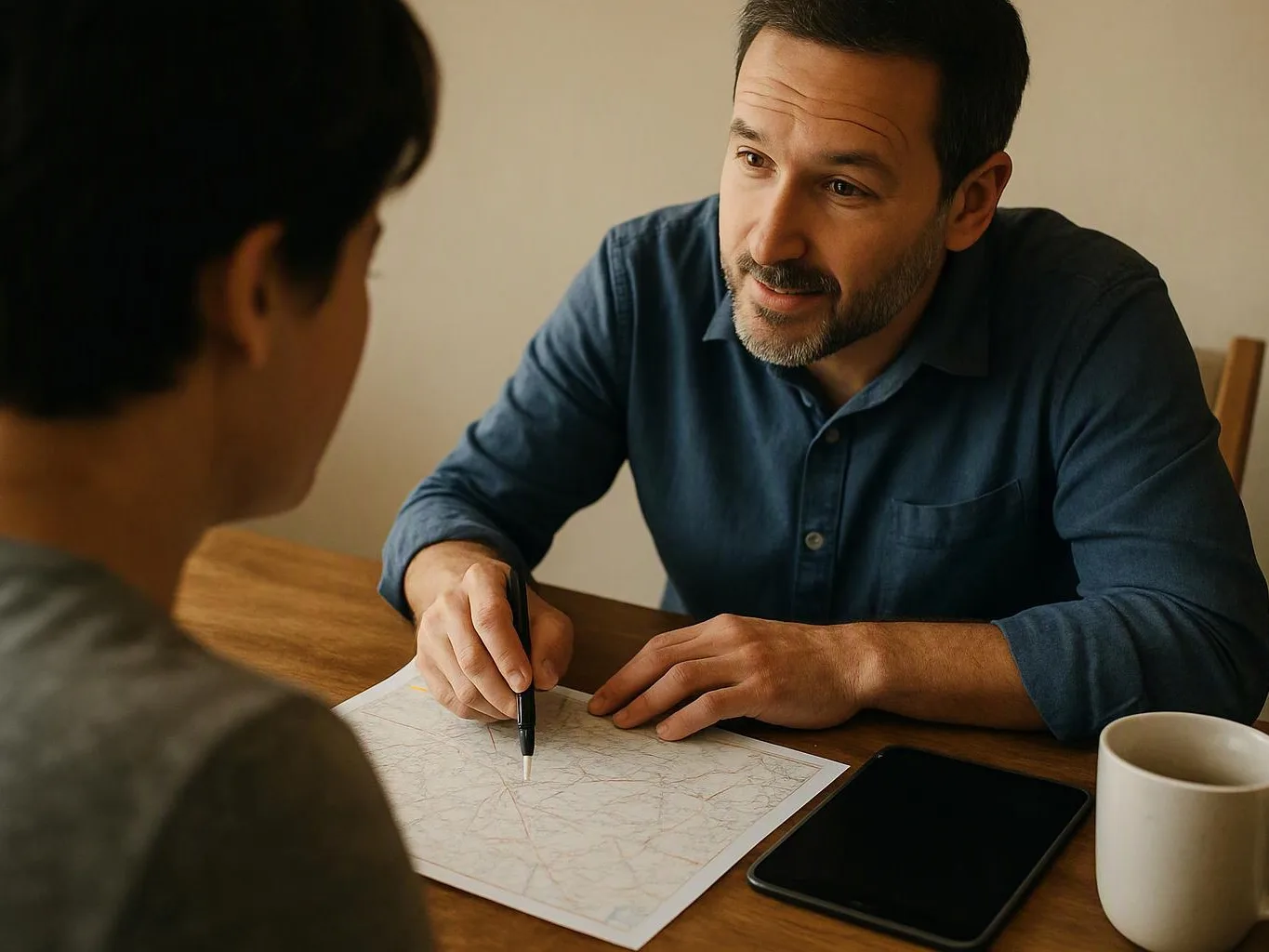 A man points at a paper map on a table while talking to someone across from him
