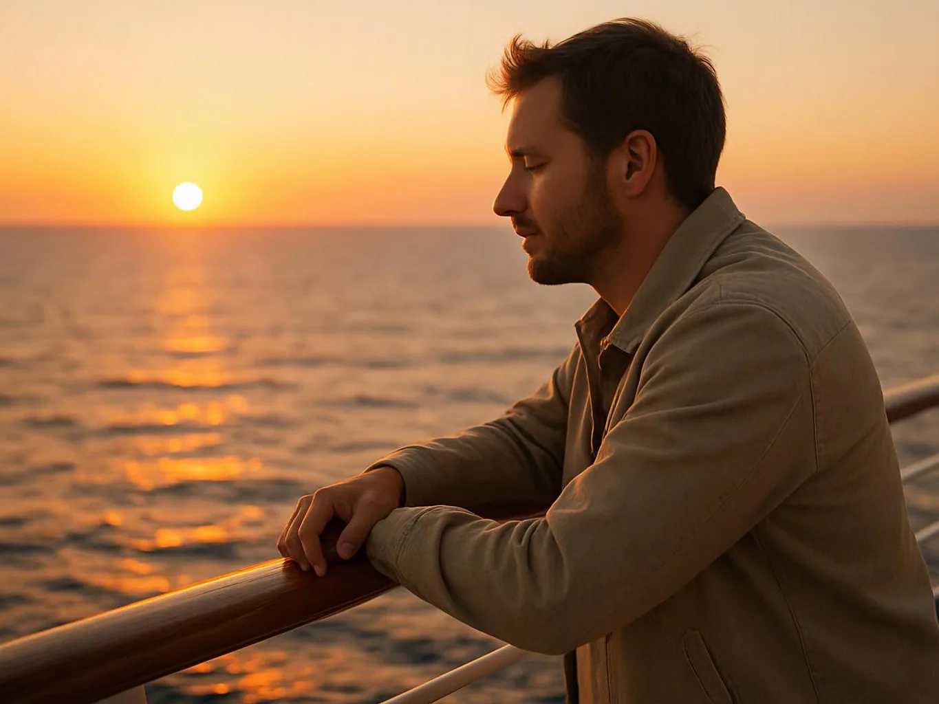 A man rests on a ship railing, looking at the sunset over calm water